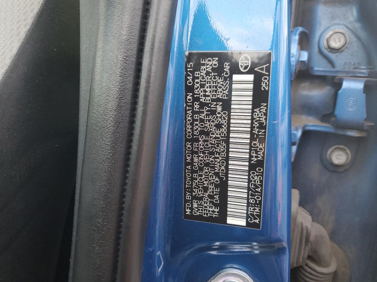 2015 Toyota Prius C VIN: JTDKDTB35F1586820 Lot: 86484815