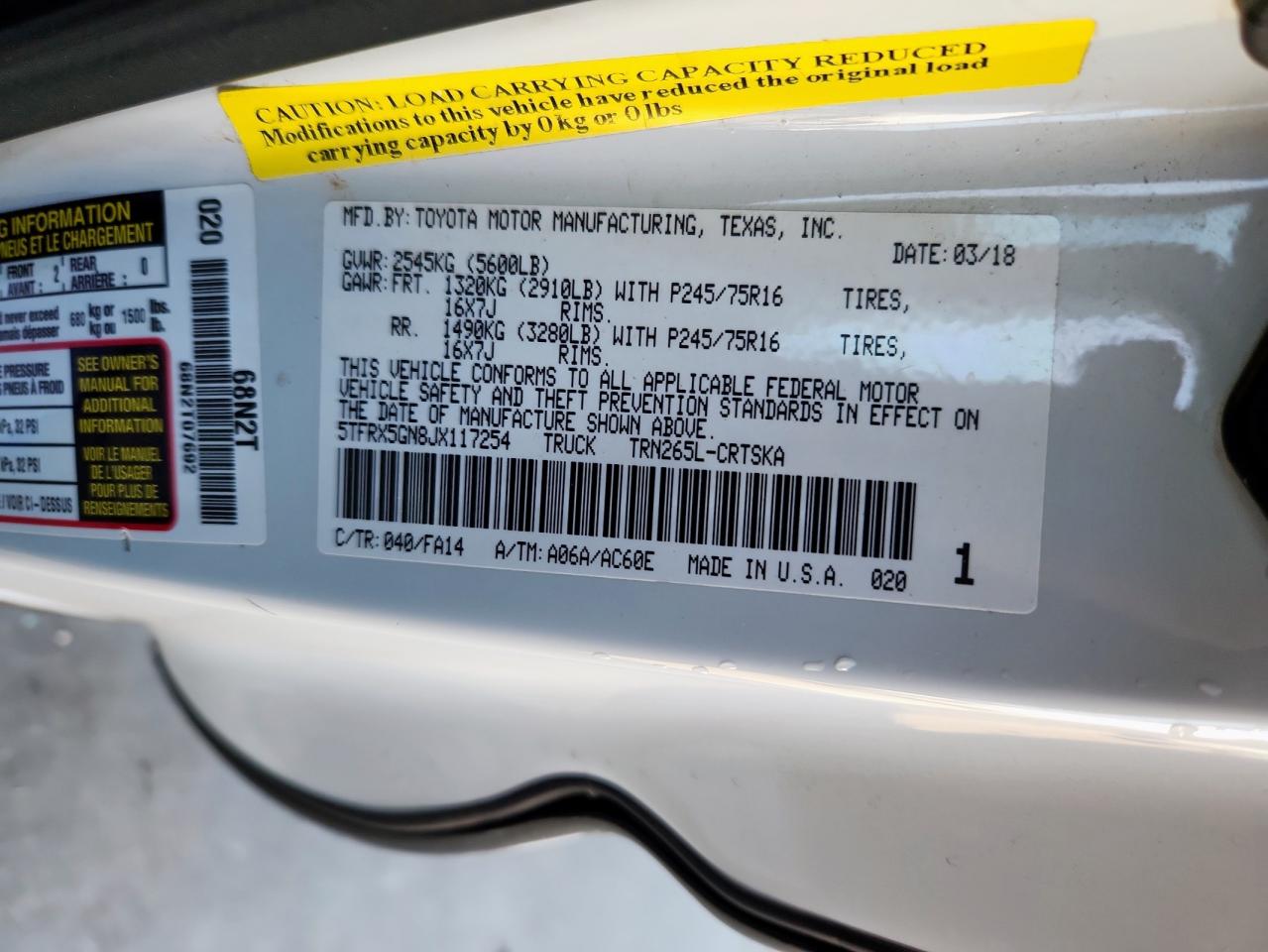 2018 Toyota Tacoma Access Cab VIN: 5TFRX5GN8JX117254 Lot: 85730045