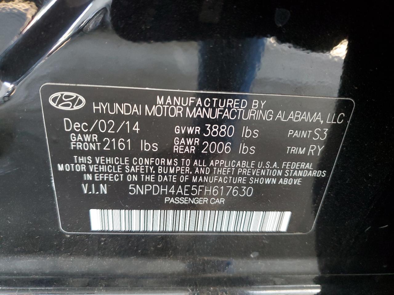 2015 Hyundai Elantra Se VIN: 5NPDH4AE5FH617630 Lot: 87044715