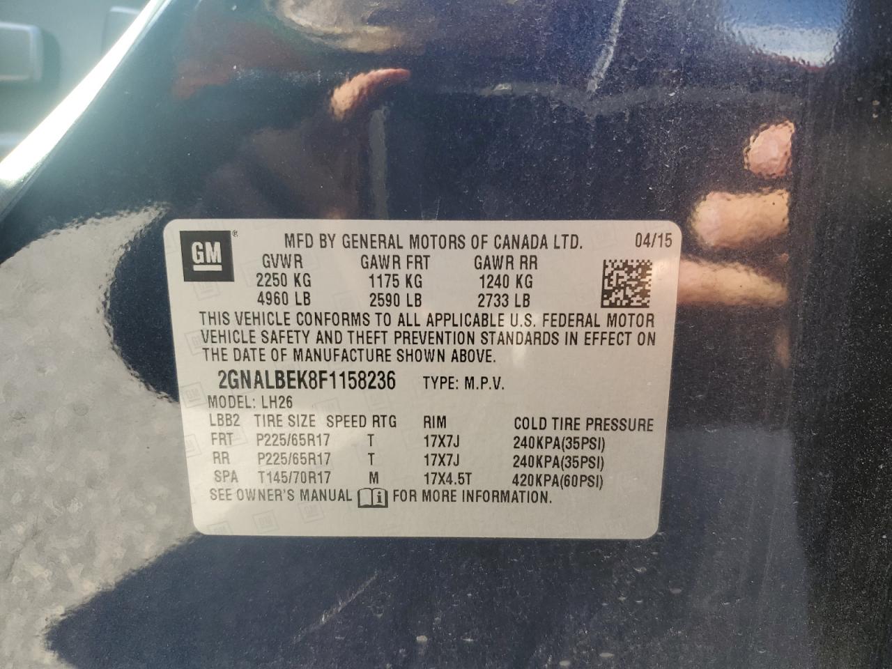 2015 Chevrolet Equinox Lt VIN: 2GNALBEK8F1158236 Lot: 85909815