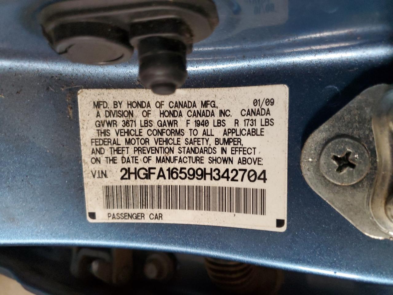 2009 Honda Civic Lx VIN: 2HGFA16599H342704 Lot: 86541205