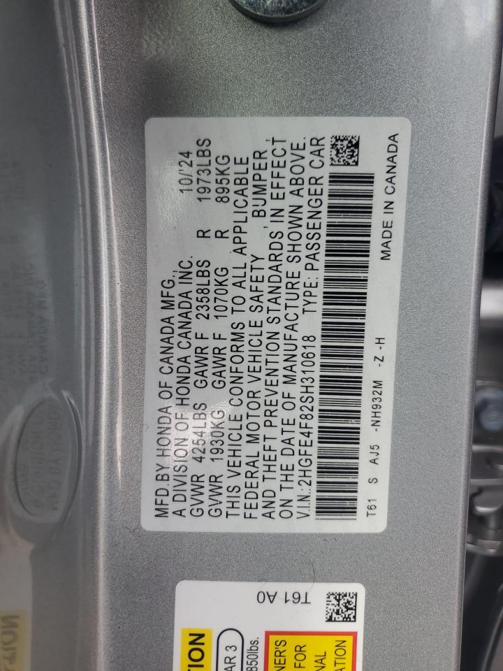 2025 Honda Civic Sport VIN: 2HGFE4F82SH310618 Lot: 84550555