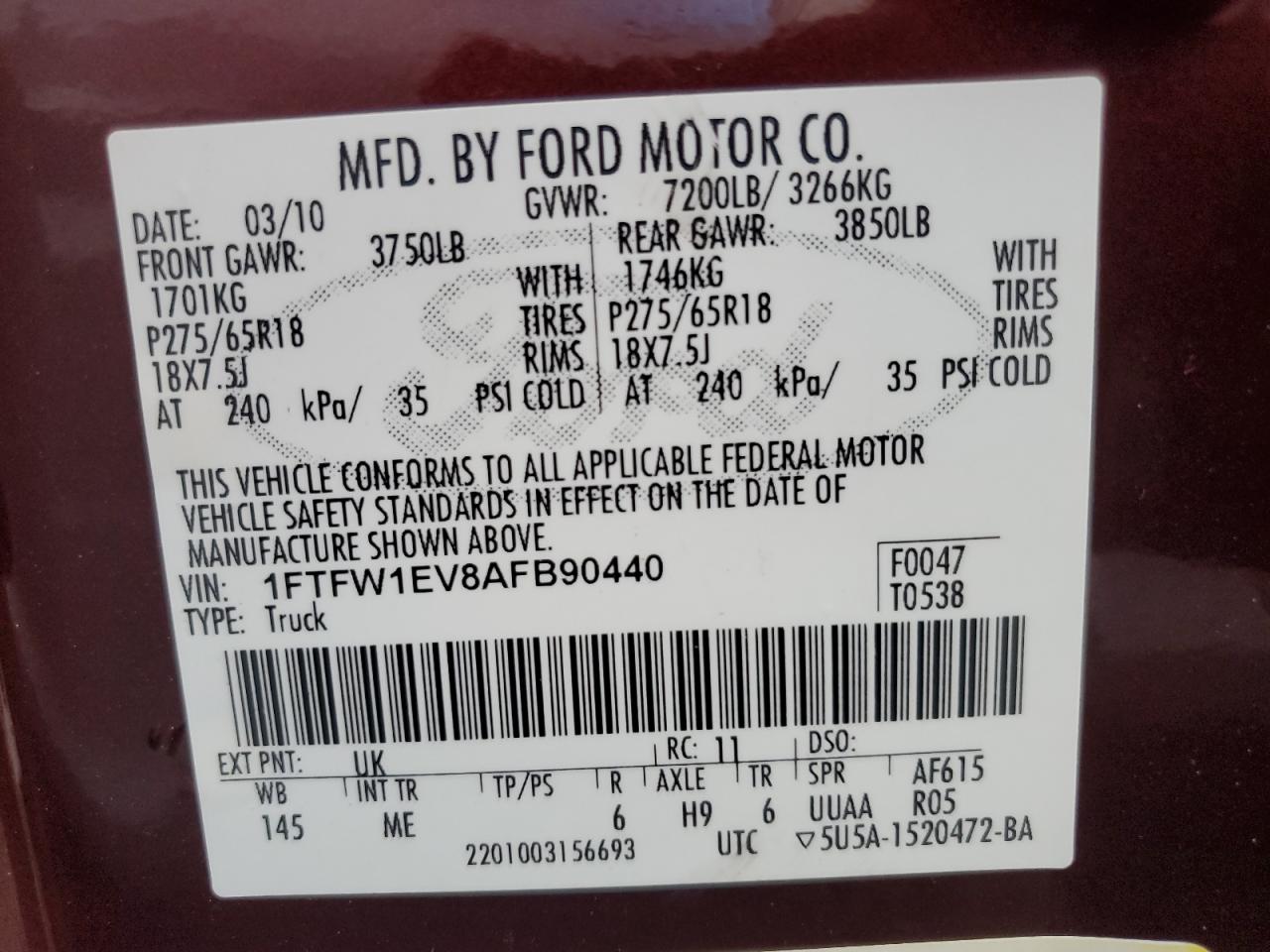 2010 Ford F150 Supercrew VIN: 1FTFW1EV8AFB90440 Lot: 85930705