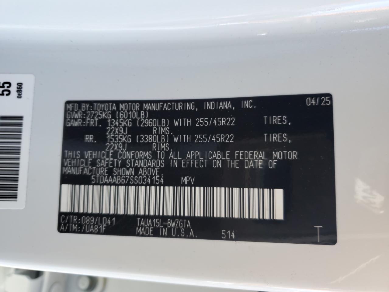 2025 Lexus Tx 350 Base VIN: 5TDAAAB67SS034154 Lot: 82564835