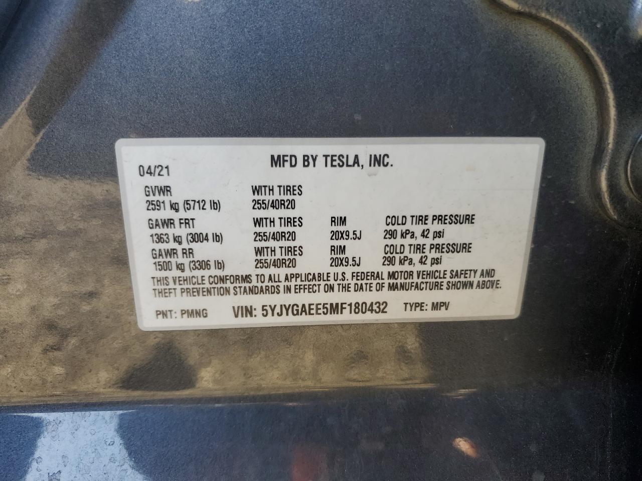 2021 Tesla Model Y VIN: 5YJYGAEE5MF180432 Lot: 87078315