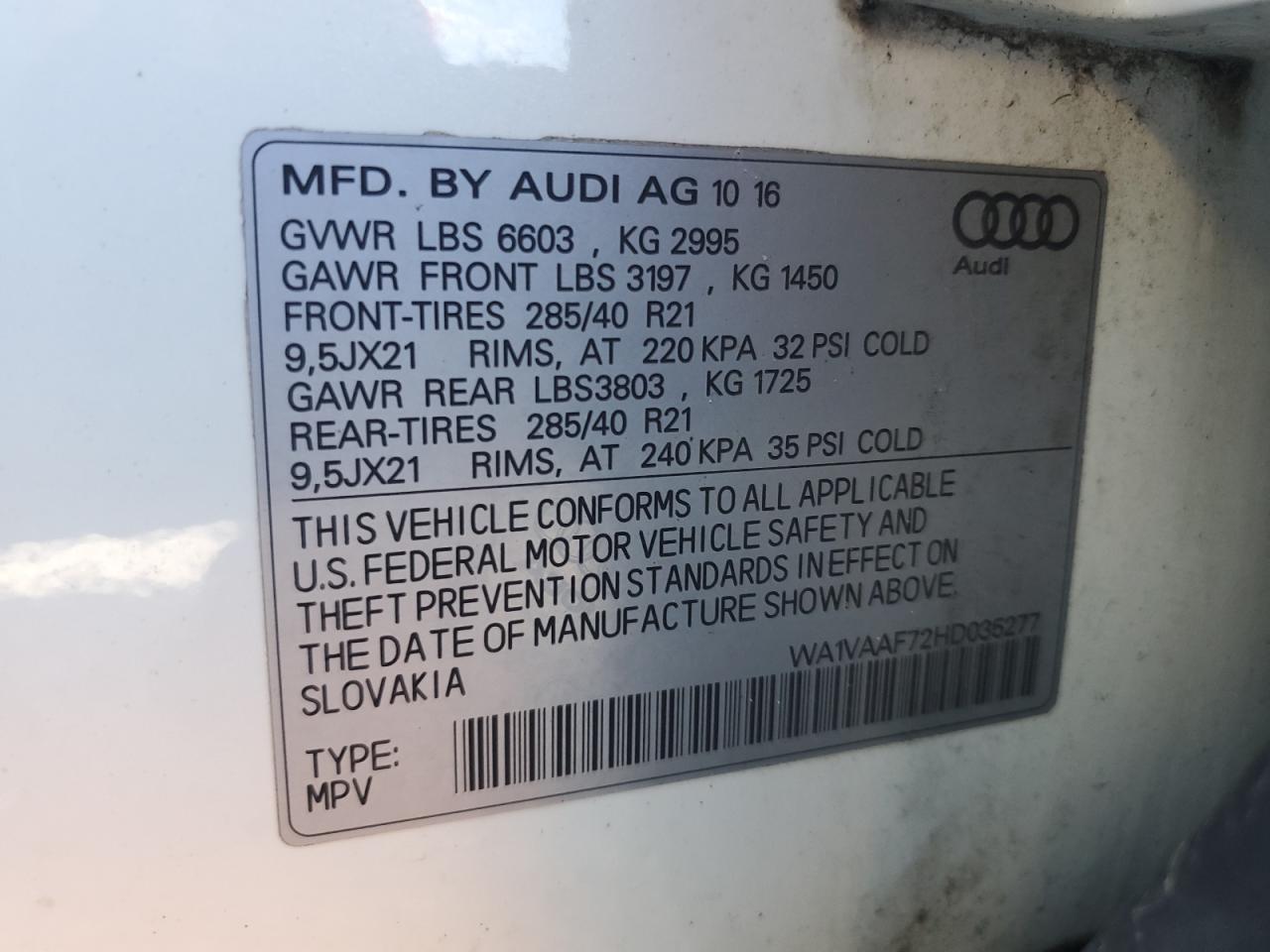 2017 Audi Q7 Prestige VIN: WA1VAAF72HD035277 Lot: 85319225