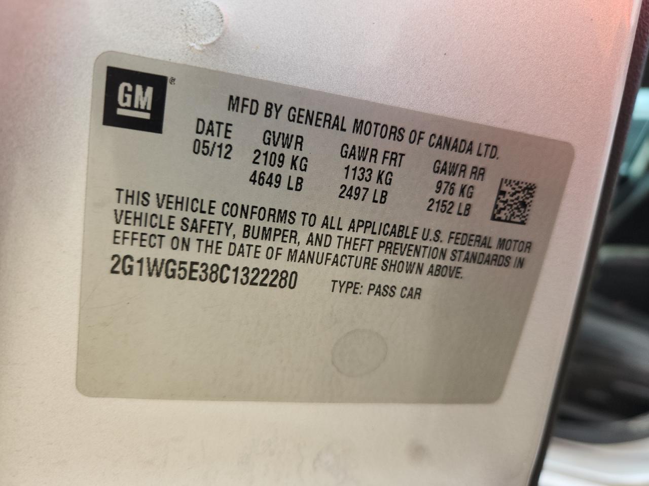 2012 Chevrolet Impala Lt VIN: 2G1WG5E38C1322280 Lot: 81779005