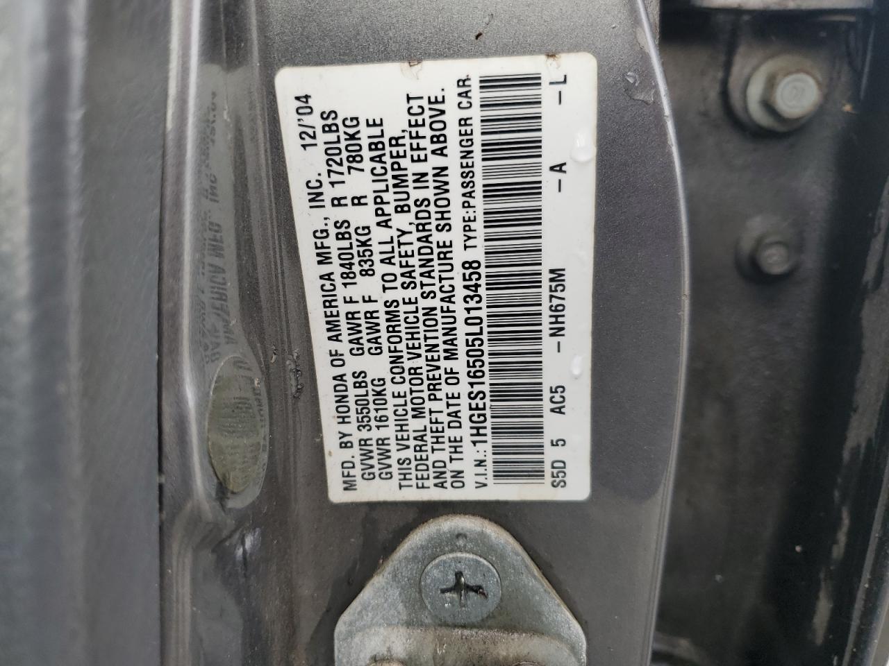 2005 Honda Civic Lx VIN: 1HGES16505L013458 Lot: 82643545