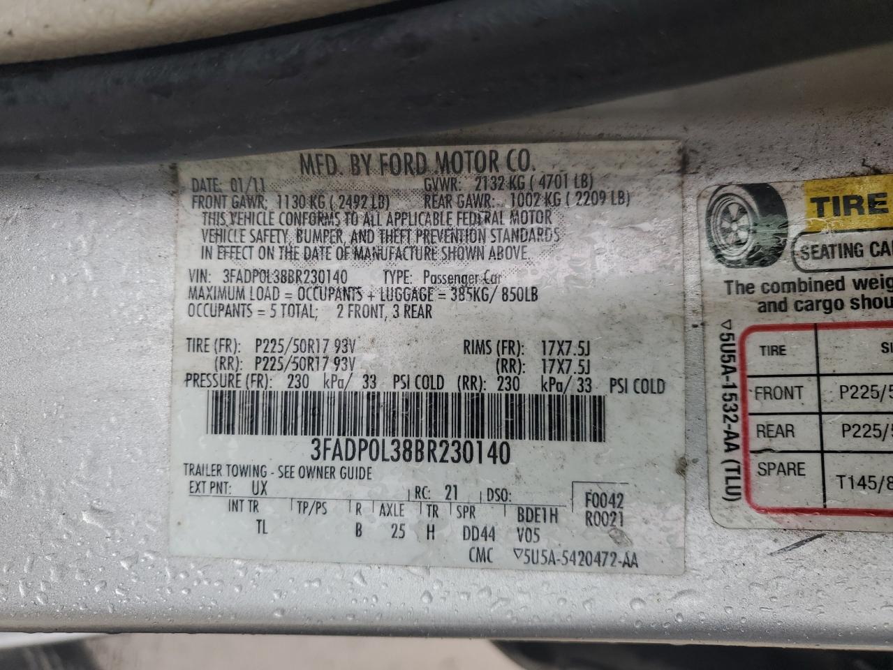 2011 Ford Fusion Hybrid VIN: 3FADP0L38BR230140 Lot: 89647715