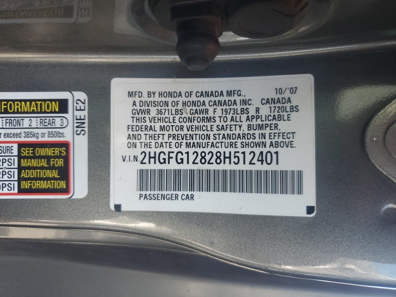 2008 Honda Civic Ex VIN: 2HGFG12828H512401 Lot: 82730185