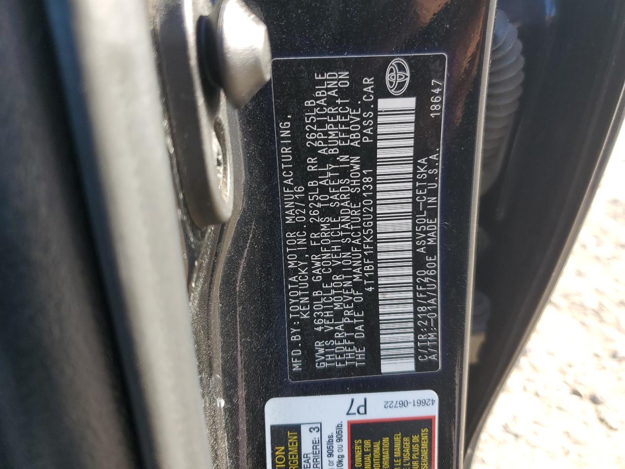 2016 Toyota Camry Le VIN: 4T1BF1FK5GU201381 Lot: 87369245