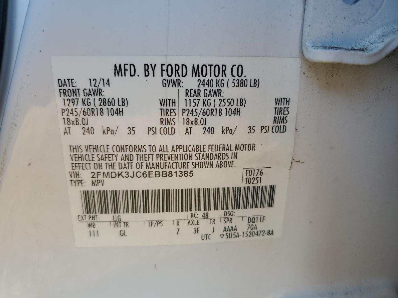 2014 Ford Edge Sel VIN: 2FMDK3JC6EBB81385 Lot: 84937005