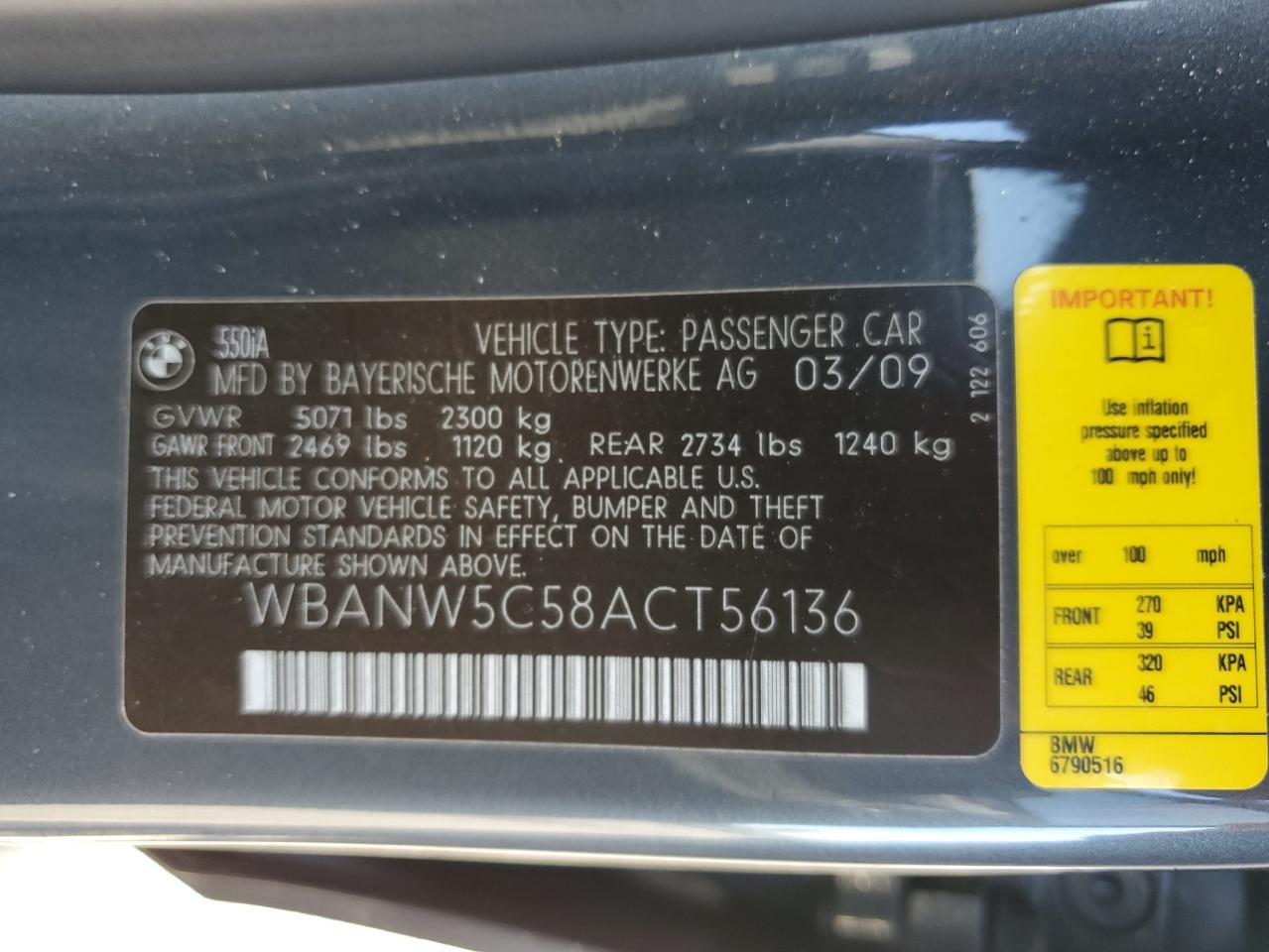 2010 BMW 550 I VIN: WBANW5C58ACT56136 Lot: 82199915