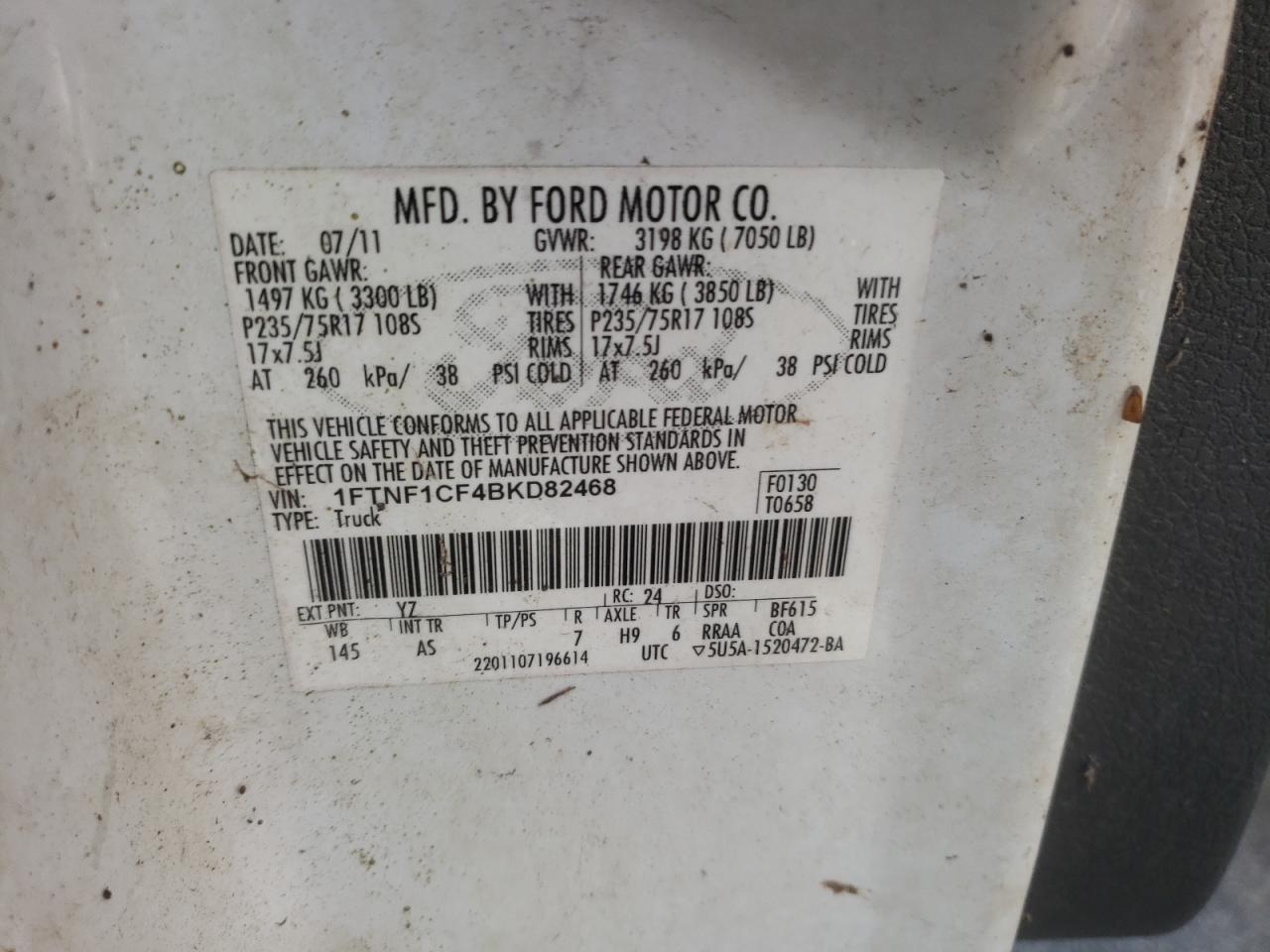 2011 Ford F150 VIN: 1FTNF1CF4BKD82468 Lot: 85674945