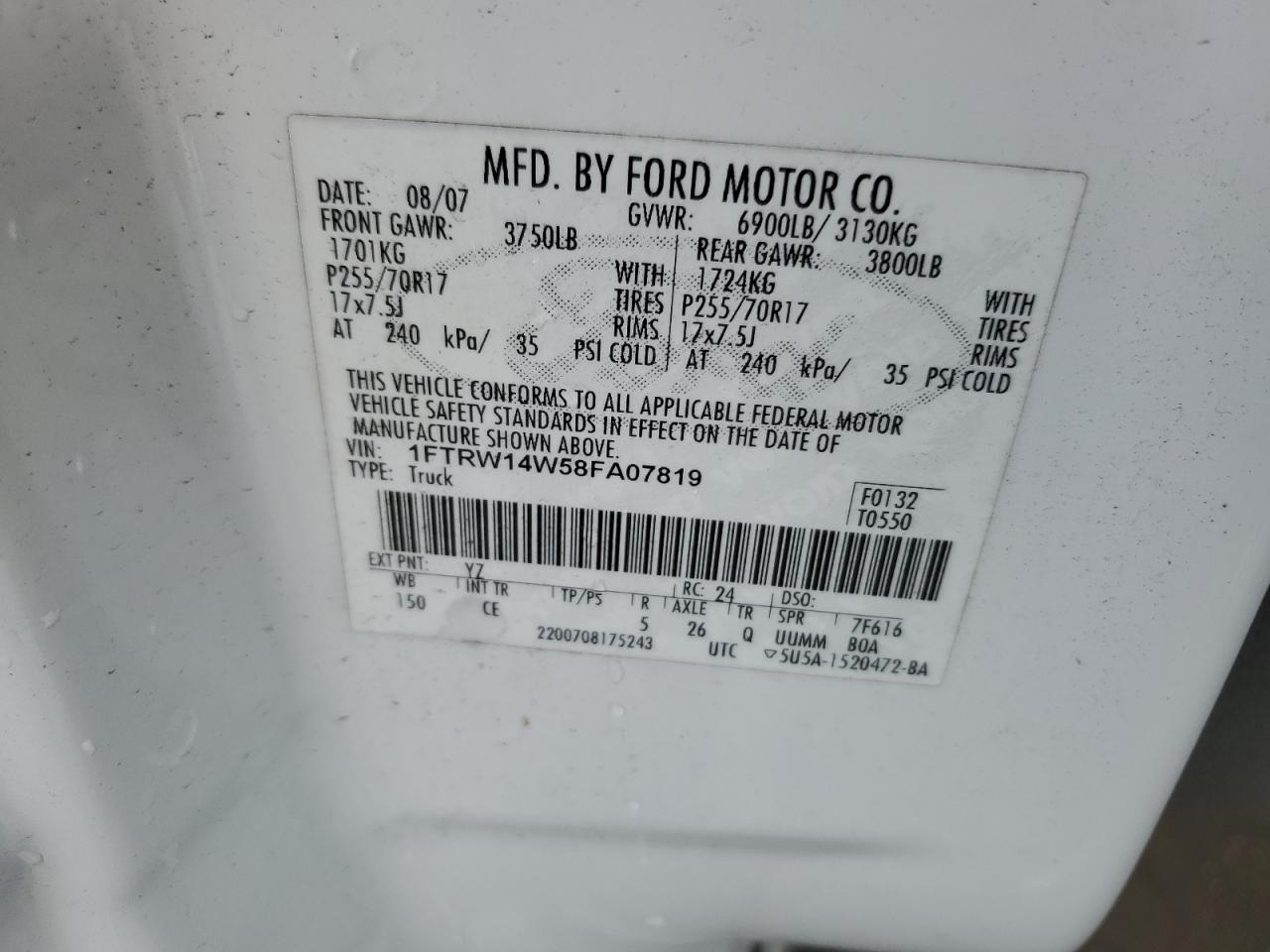 2008 Ford F150 Supercrew VIN: 1FTRW14W58FA07819 Lot: 87032255