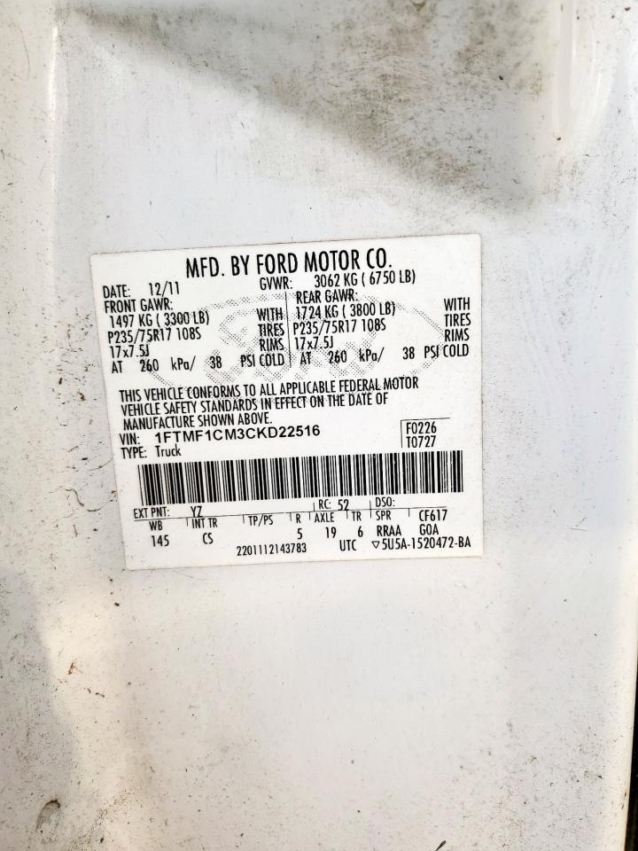 2012 Ford F150 VIN: 1FTMF1CM3CKD22516 Lot: 90014215