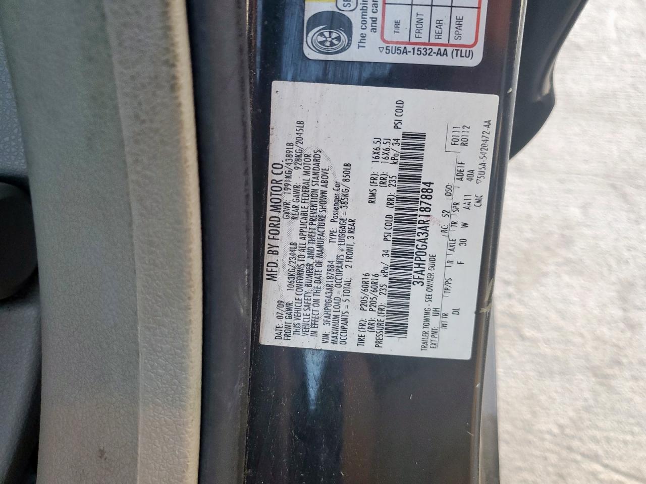 2010 Ford Fusion S VIN: 3FAHP0GA3AR187884 Lot: 85785545