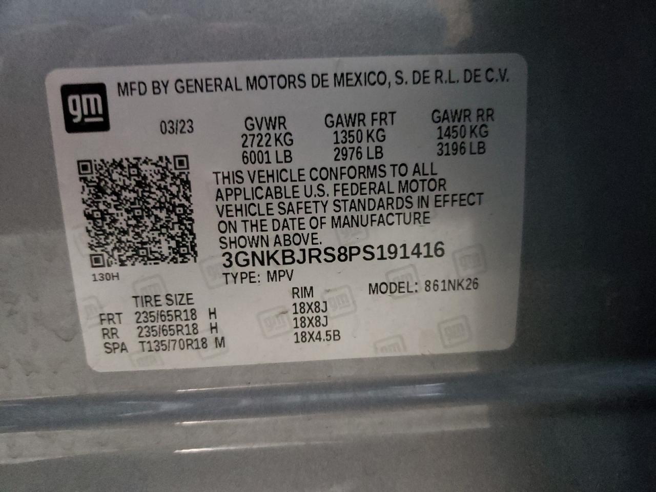 2023 Chevrolet Blazer 3Lt VIN: 3GNKBJRS8PS191416 Lot: 85549855