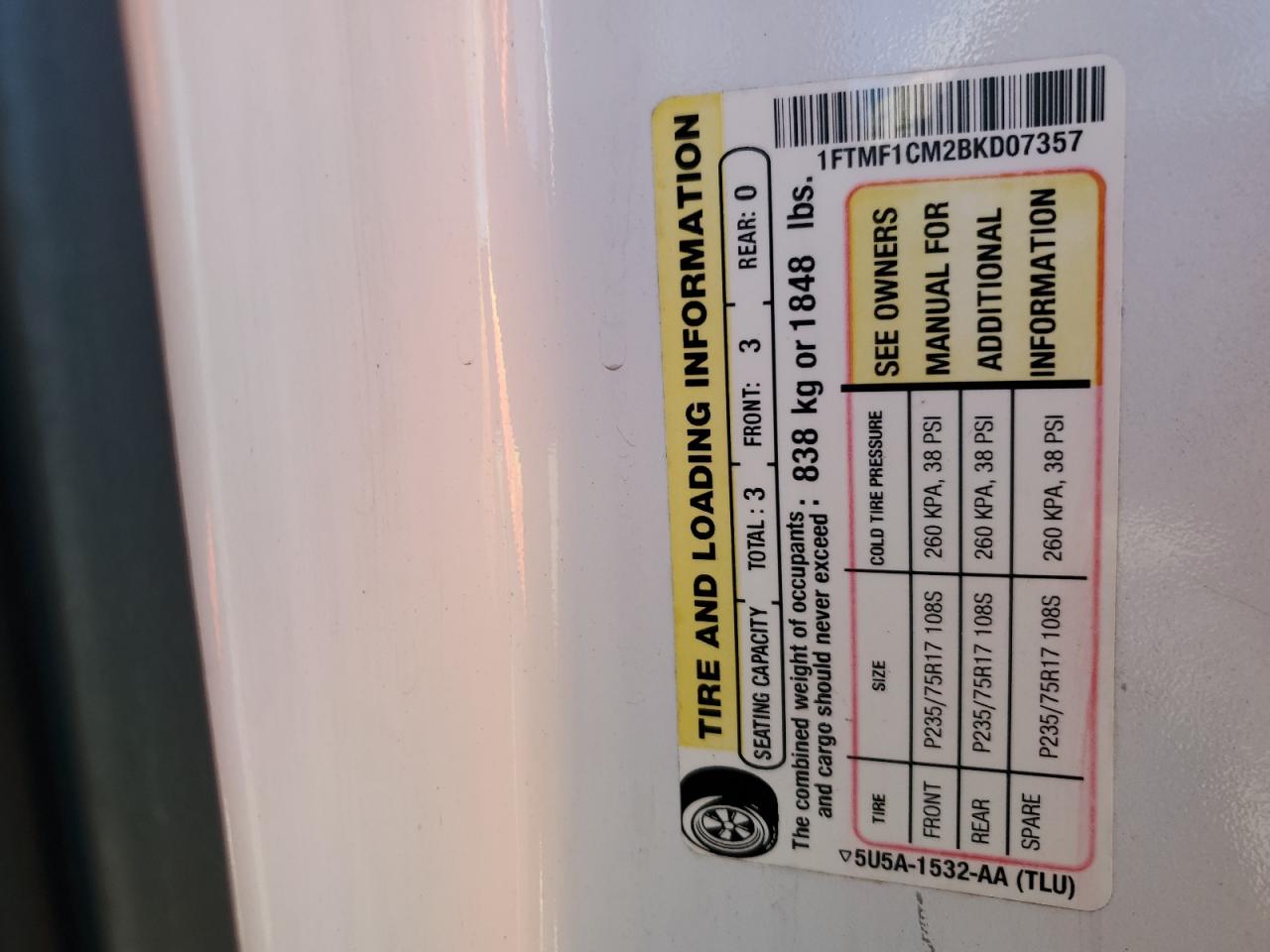 2011 Ford F150 VIN: 1FTMF1CM2BKD07357 Lot: 85863875