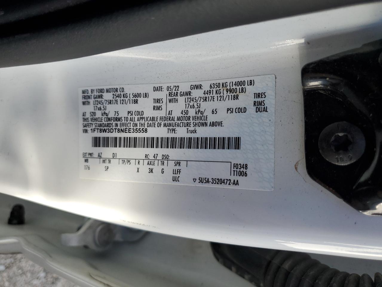 2022 Ford Super Duty F-350 W/D VIN: 1FT8W3DT8NEE35558 Lot: 85692205