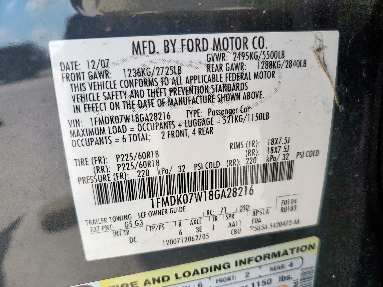 2008 Ford Taurus X Eddie Bauer VIN: 1FMDK07W18GA28216 Lot: 84279925