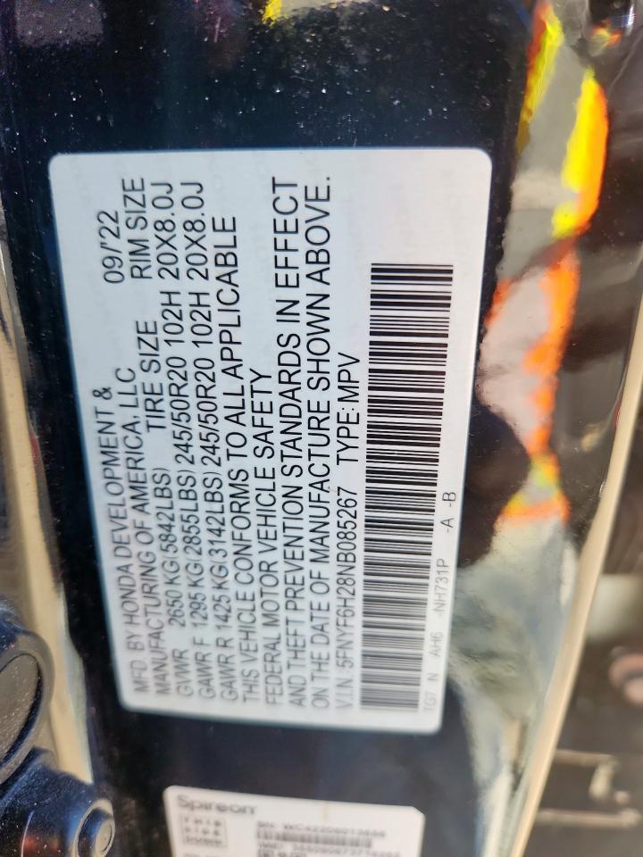 2022 Honda Pilot Se VIN: 5FNYF6H28NB085267 Lot: 90942825