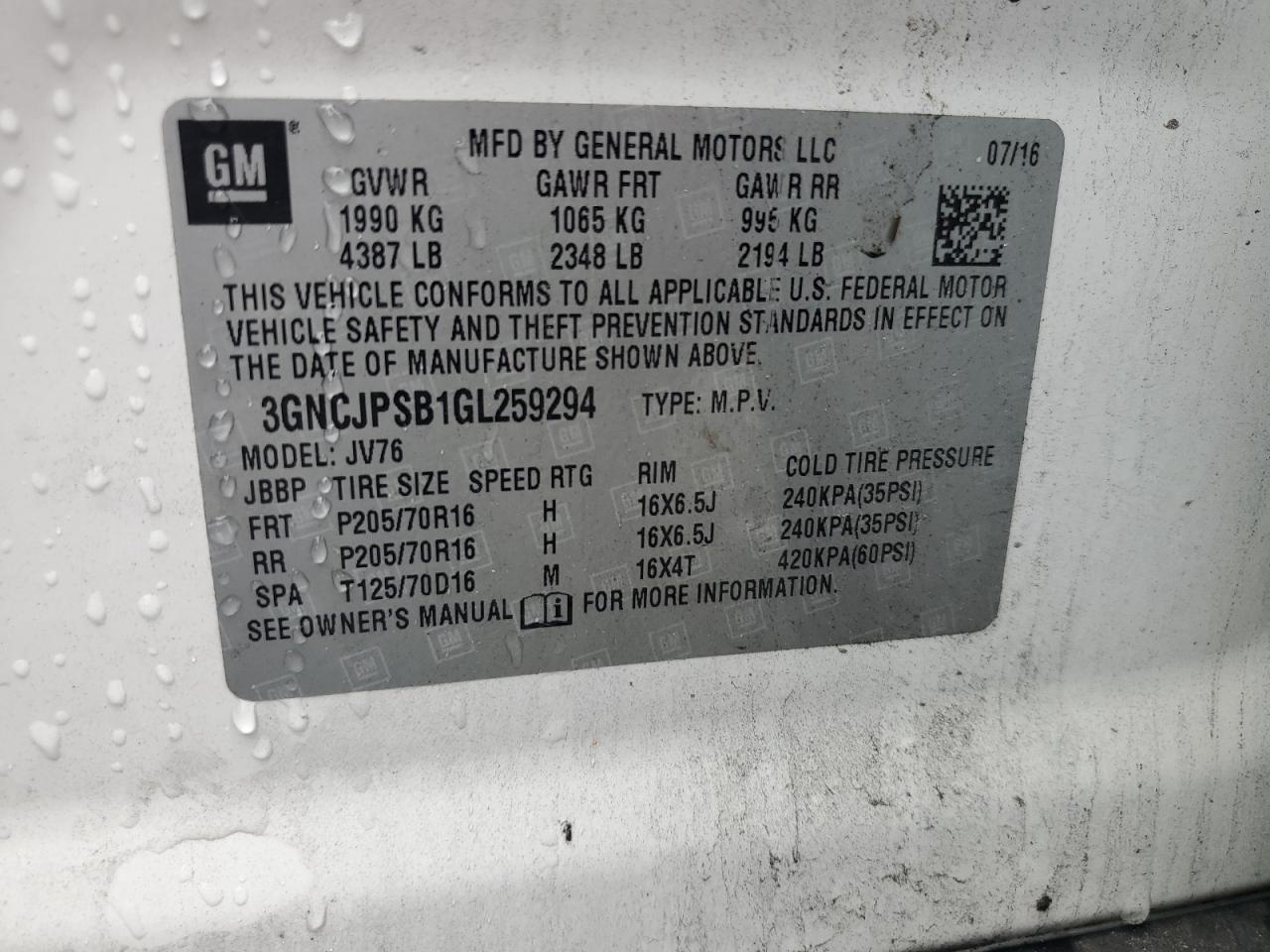 2016 Chevrolet Trax 1Lt VIN: 3GNCJPSB1GL259294 Lot: 86078125