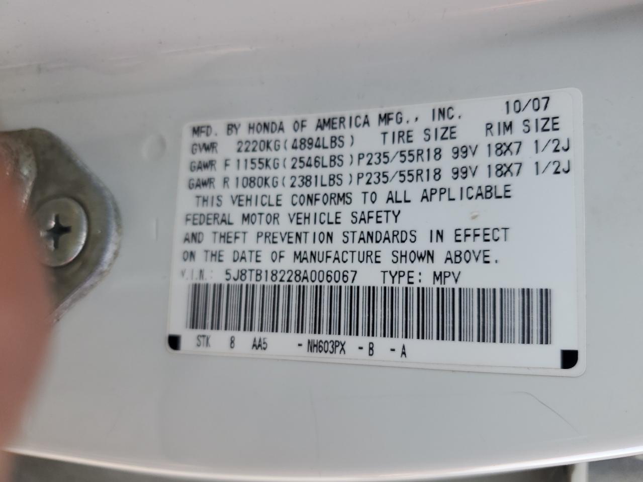 2008 Acura Rdx VIN: 5J8TB18228A006067 Lot: 84635545