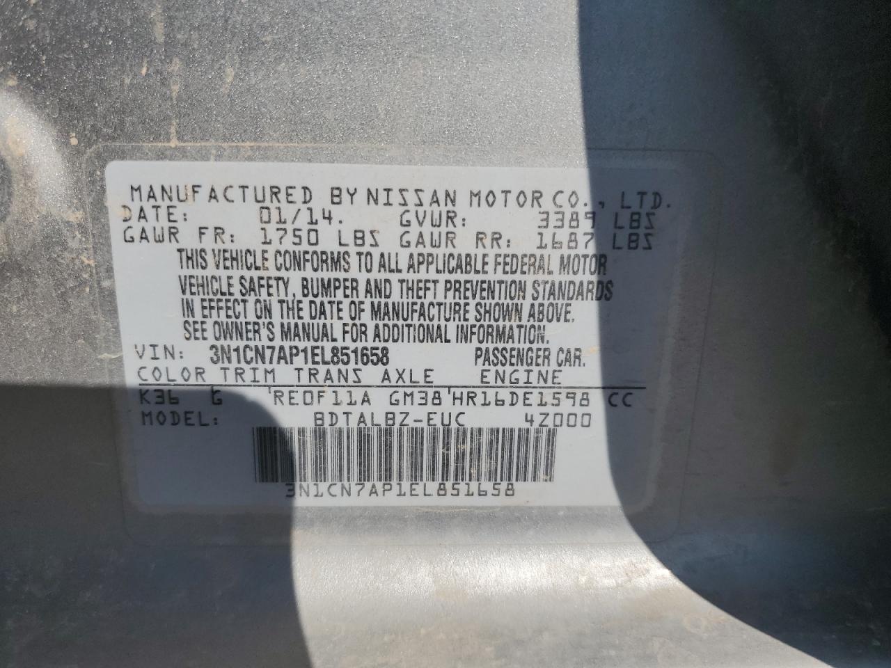 2014 Nissan Versa S VIN: 3N1CN7AP1EL851658 Lot: 82278175