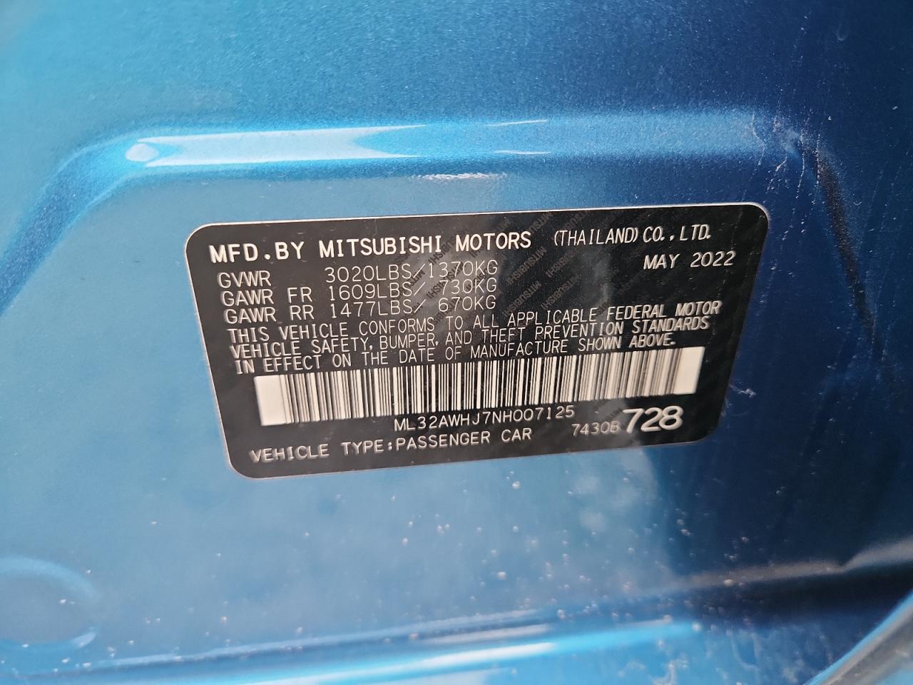 2022 Mitsubishi Mirage Se VIN: ML32AWHJ7NH007125 Lot: 86625445