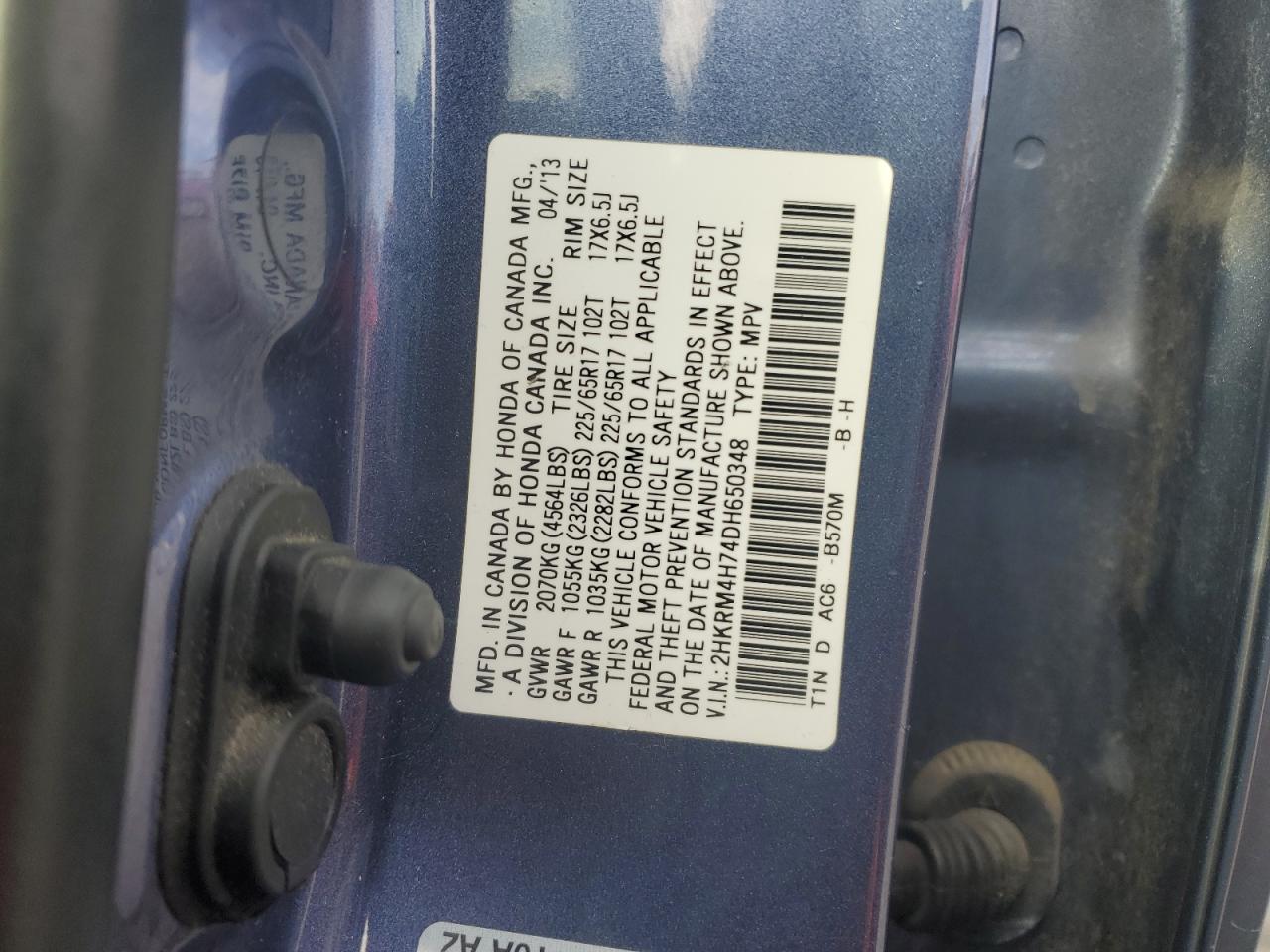 2013 Honda Cr-V Exl VIN: 2HKRM4H74DH650348 Lot: 86236985