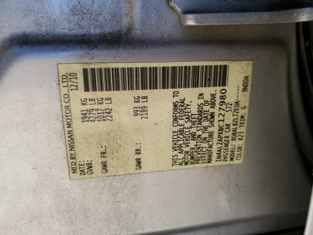 2011 Nissan Altima Base VIN: 1N4AL2APXBC127980 Lot: 89698045