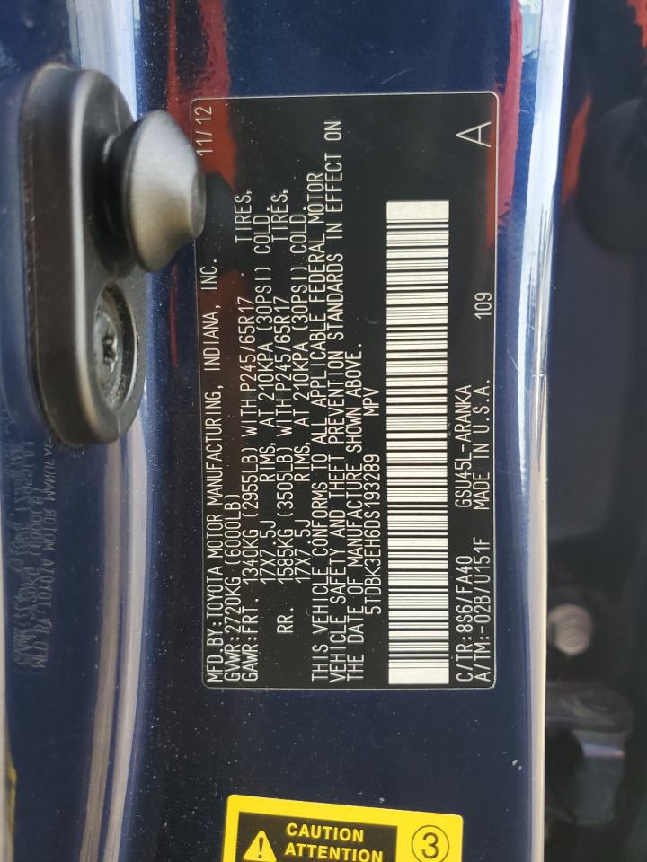 2013 Toyota Highlander Base VIN: 5TDBK3EH6DS193289 Lot: 82420805