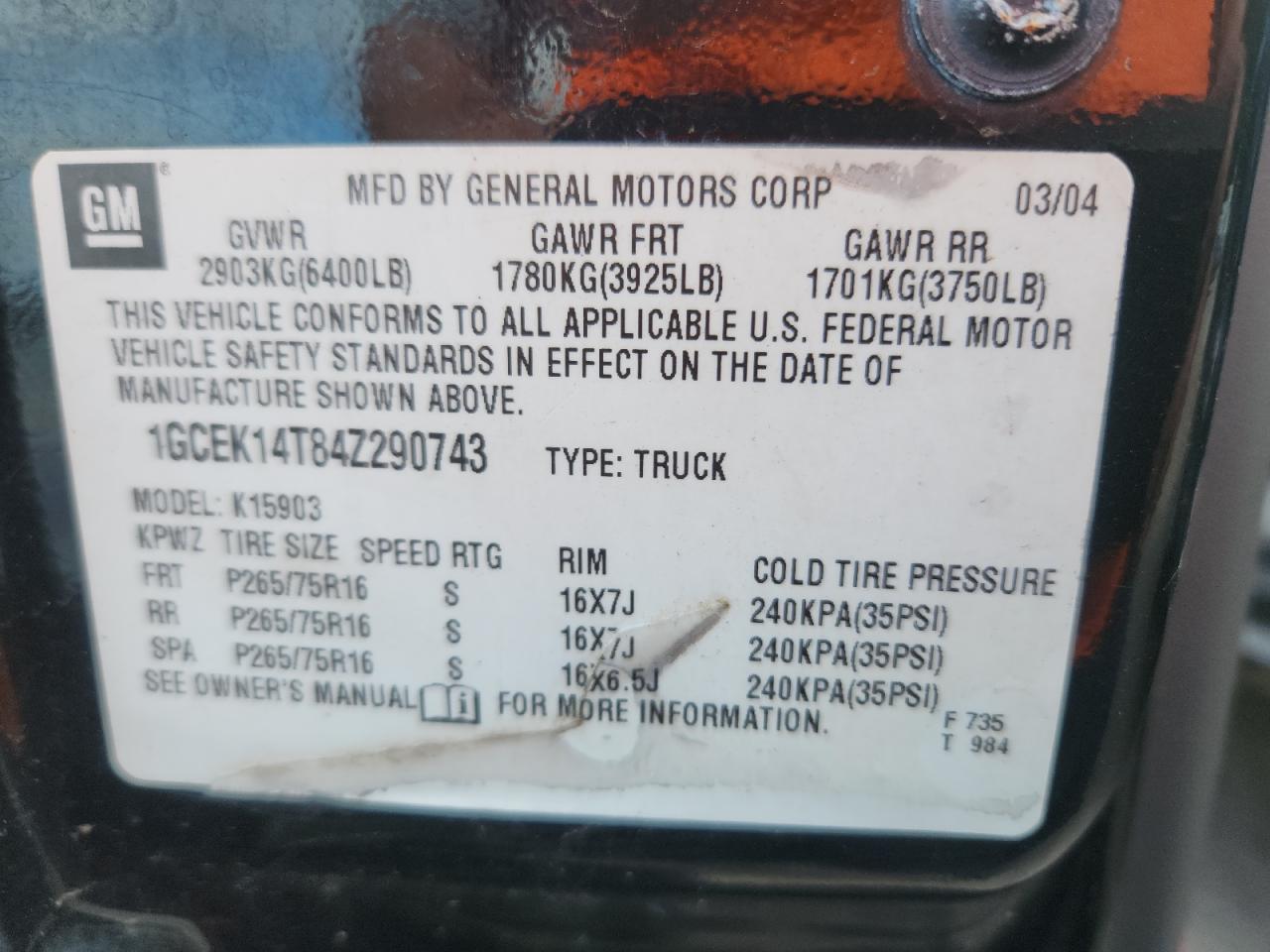 2004 Chevrolet Silverado K1500 VIN: 1GCEK14T84Z290743 Lot: 85192165