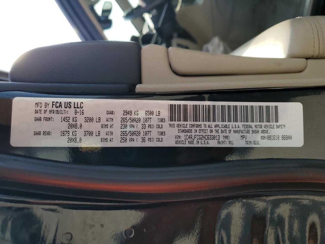 2017 Jeep Grand Cherokee Overland VIN: 1C4RJFCG2HC633013 Lot: 84521465