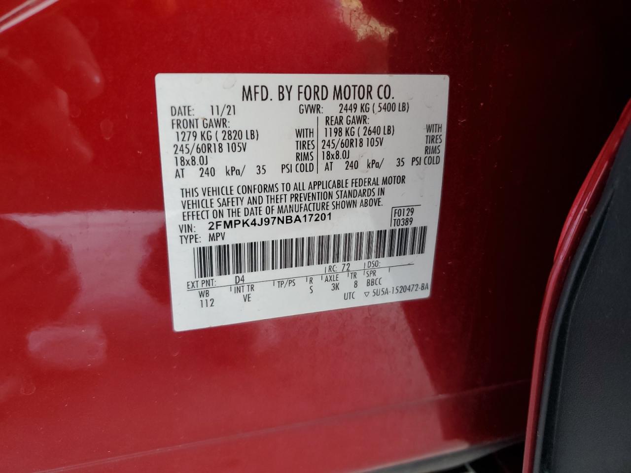 2022 Ford Edge Sel VIN: 2FMPK4J97NBA17201 Lot: 87270045