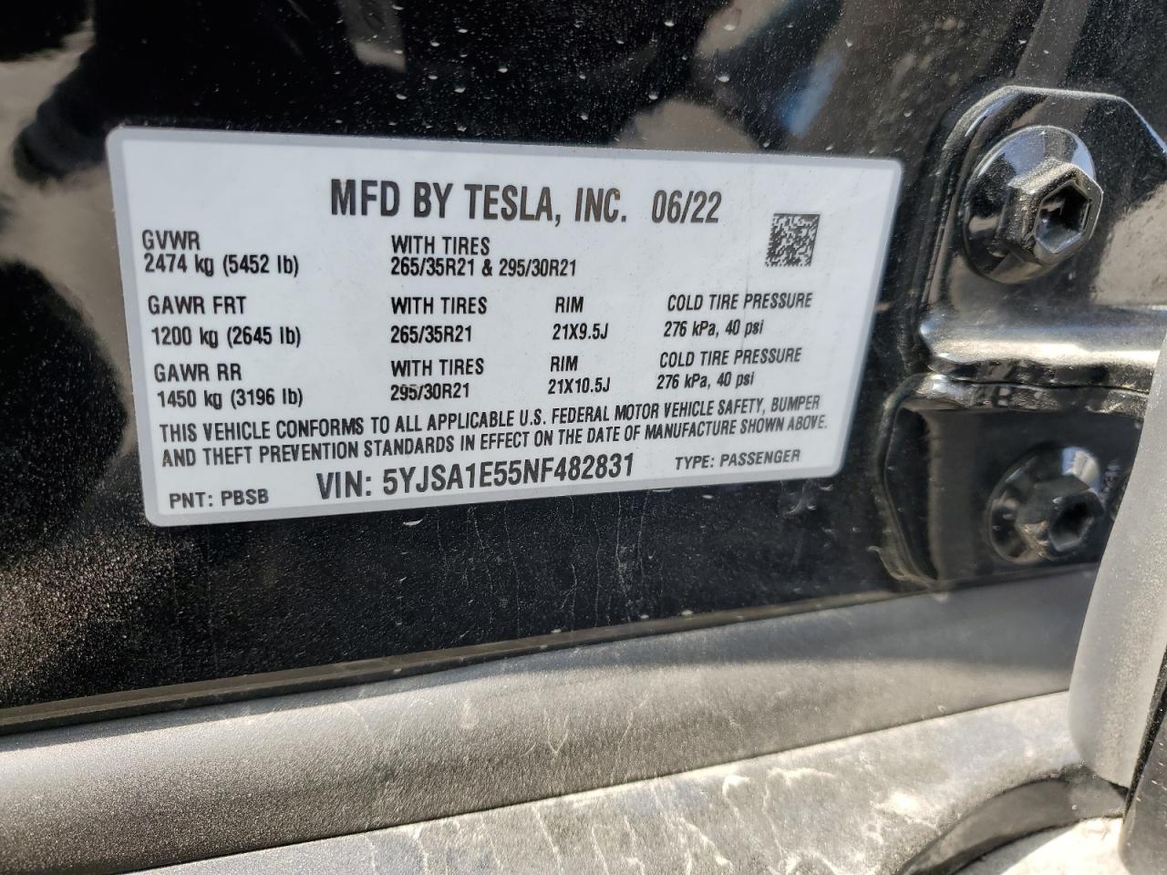 2022 Tesla Model S VIN: 5YJSA1E55NF482831 Lot: 85567515