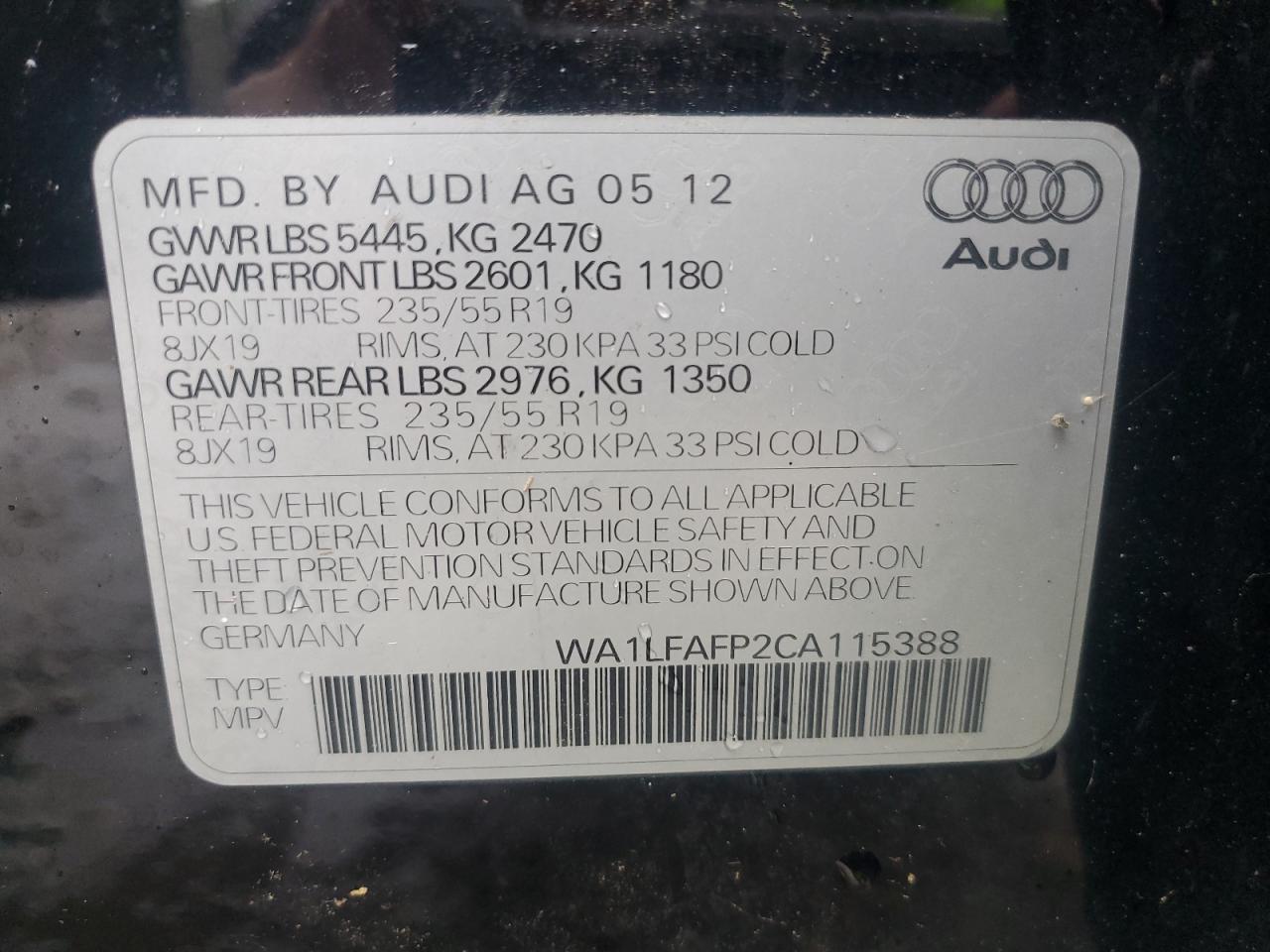 2012 Audi Q5 Premium Plus VIN: WA1LFAFP2CA115388 Lot: 82452085