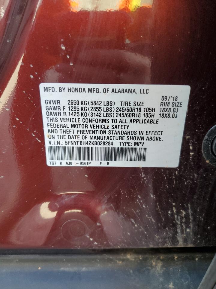 2019 Honda Pilot Exl VIN: 5FNYF6H42KB028284 Lot: 84472905