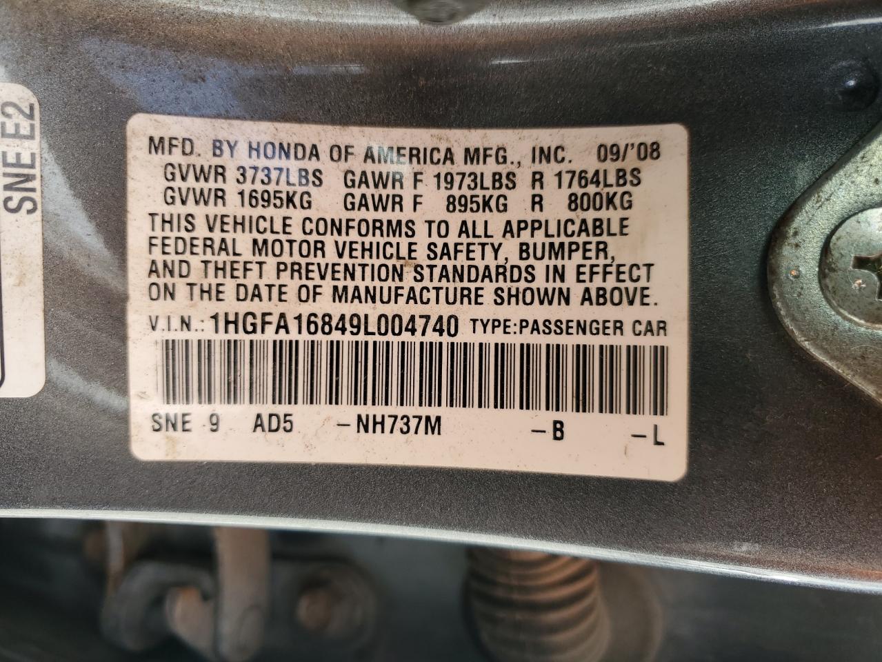 2009 Honda Civic Ex VIN: 1HGFA16849L004740 Lot: 86115135