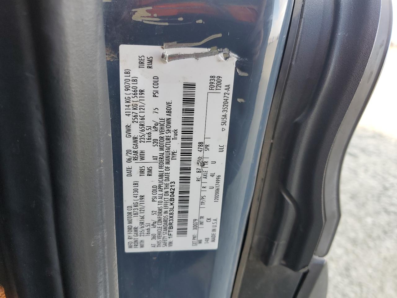 2020 Ford Transit Delivery Van VIN: 1FTBR3X83LKB04213 Lot: 89686875