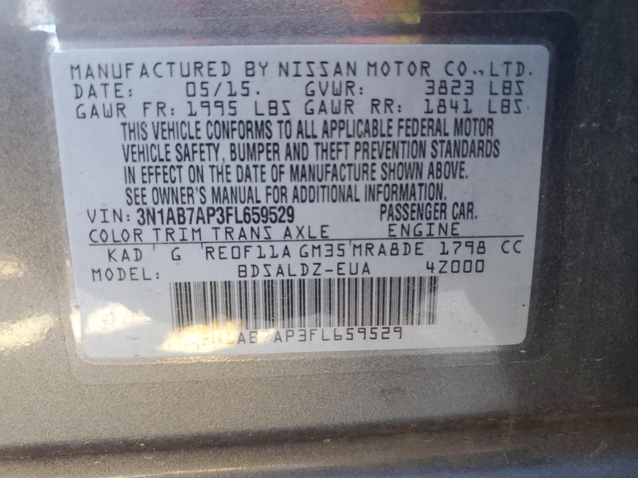 2015 Nissan Sentra S VIN: 3N1AB7AP3FL659529 Lot: 86528675