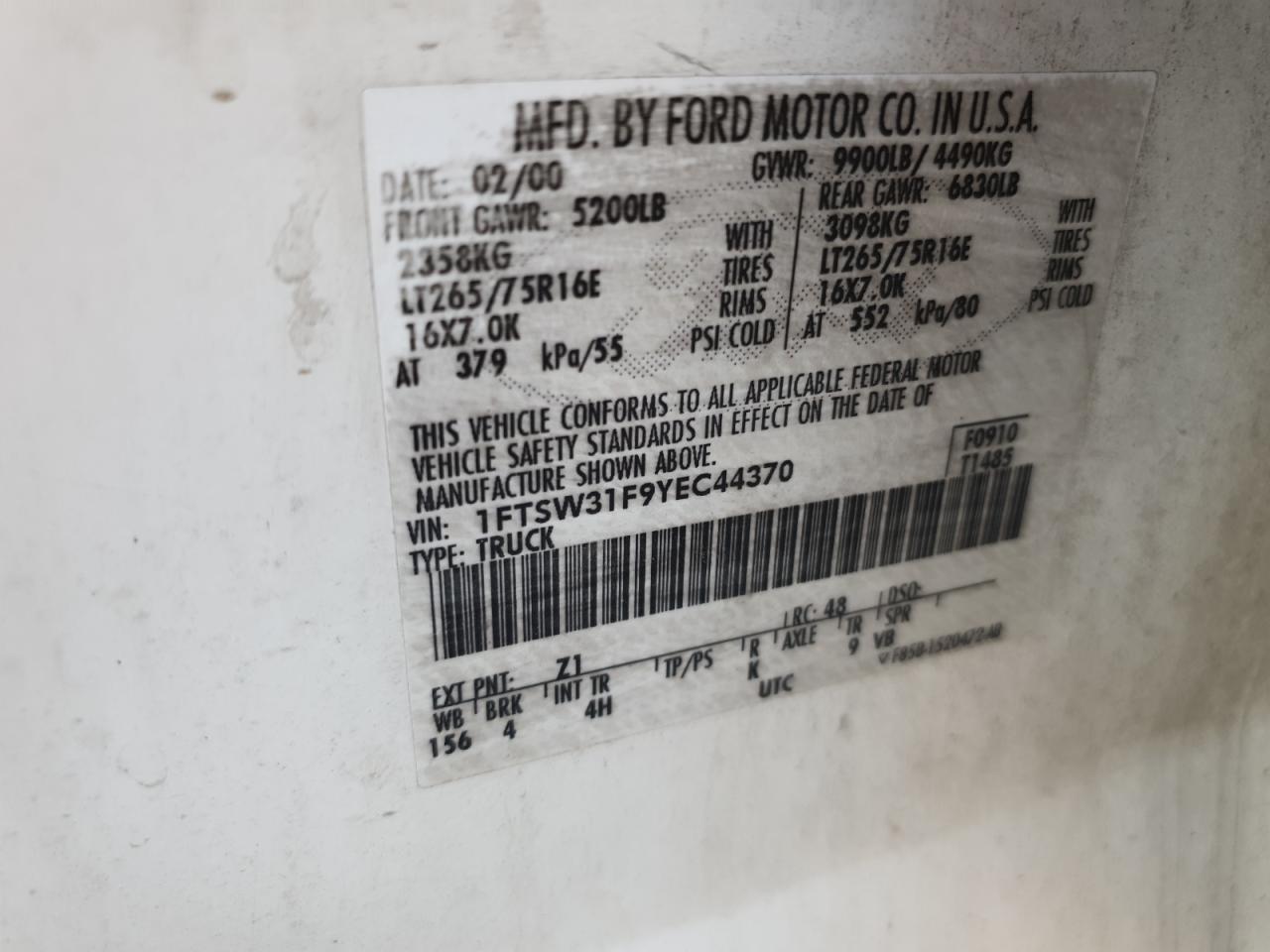 2000 Ford F350 Srw Super Duty VIN: 1FTSW31F9YEC44370 Lot: 85092035