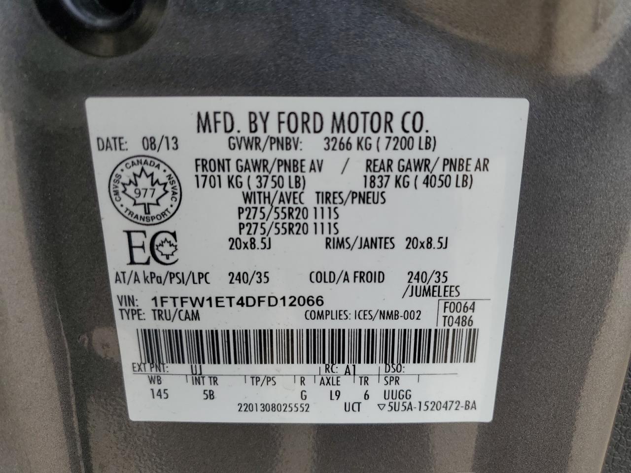 2013 Ford F150 Supercrew VIN: 1FTFW1ET4DFD12066 Lot: 82762085