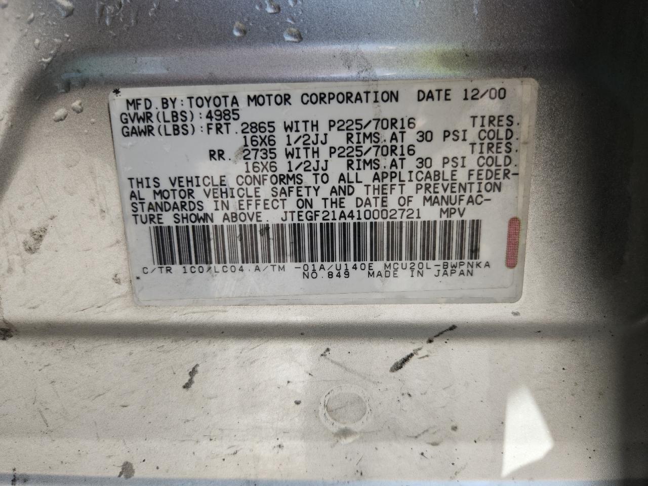 2001 Toyota Highlander VIN: JTEGF21A410002721 Lot: 82136715