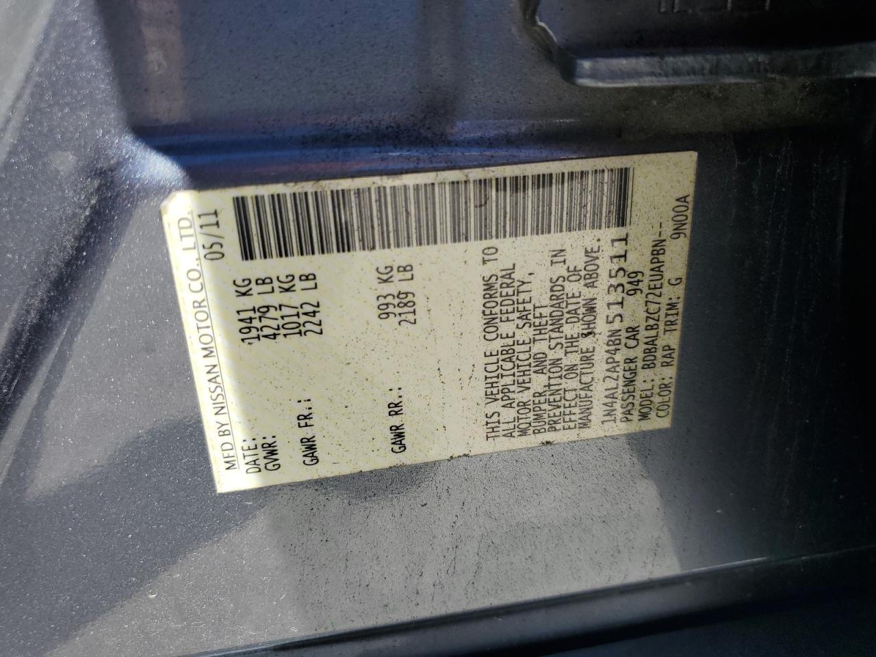 2011 Nissan Altima Base VIN: 1N4AL2AP4BN513511 Lot: 86090105