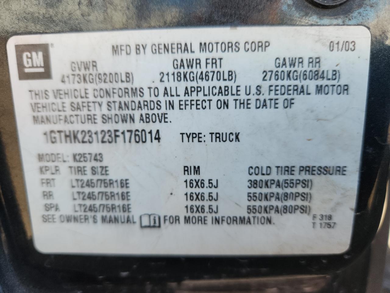 2003 GMC Sierra K2500 Heavy Duty VIN: 1GTHK23123F176014 Lot: 91049545
