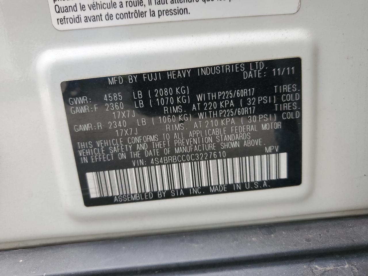 2012 Subaru Outback 2.5I Premium VIN: 4S4BRBCC0C3227610 Lot: 84070515