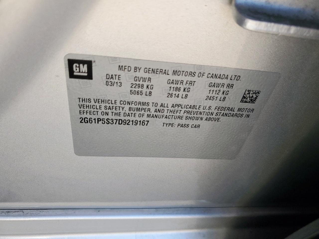 2013 Cadillac Xts Luxury Collection VIN: 2G61P5S37D9219167 Lot: 86326835