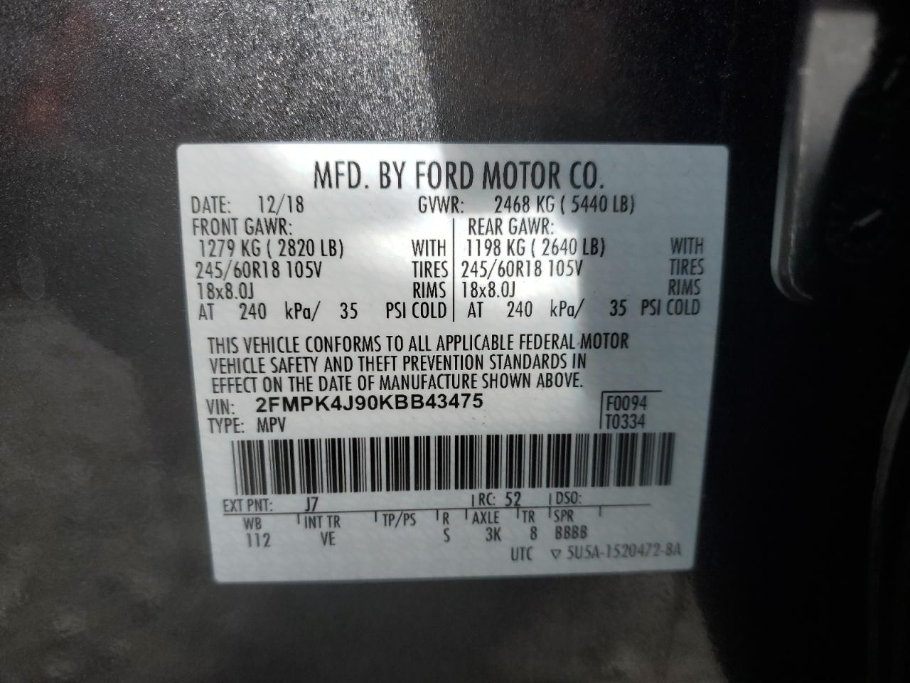 2019 Ford Edge Sel VIN: 2FMPK4J90KBB43475 Lot: 82422225
